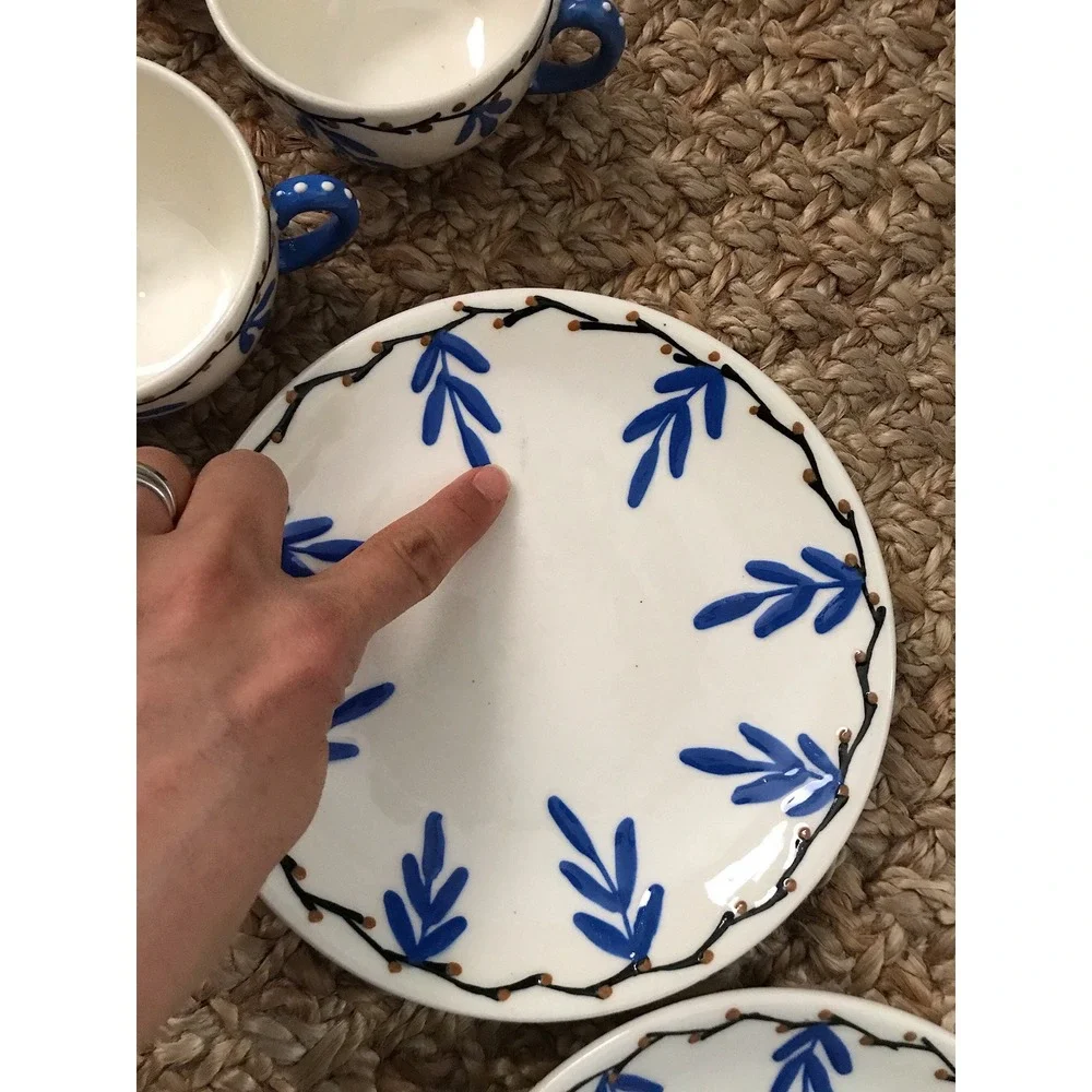 Vintage Hand Painted‎ Tea Set Blue White Creamer 4 Cups Saucers Floral Pottery